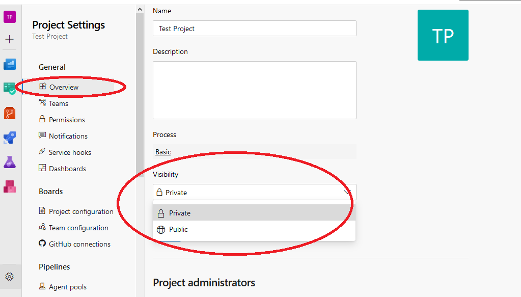 Azure DevOps change project visibility via project settings
