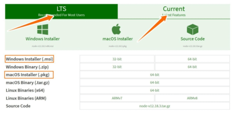 On the Node.js download page, select either the LTS version or the latest current version